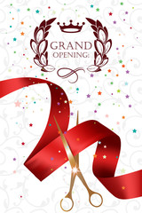 Grand opening card with gold scissors,confetti and red ribbon