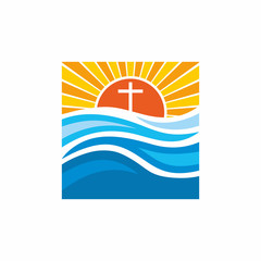 Logo church. Christian symbols. Waves, cross, sun, streams of water alive.