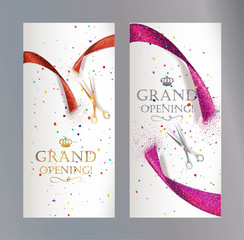 Grand Opening vertical banners with abstract red and pink ribbon  and scissors