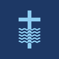 Logo church. Christian symbols. Cross and waves. Jesus - the source of living water.