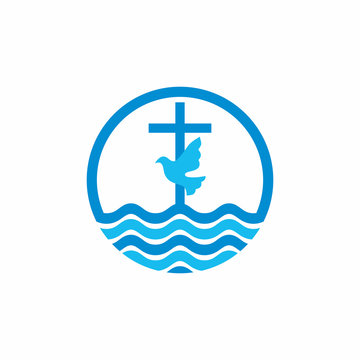 Logo church. Christian symbols. Cross and dove, waves. Jesus - the source of living water.