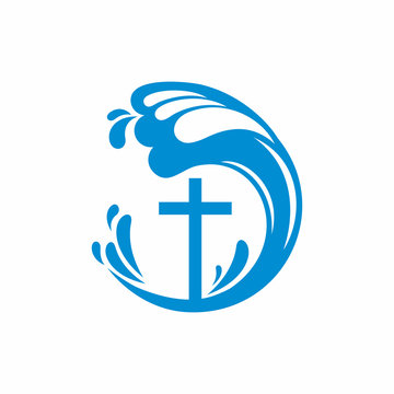 Logo church. Christian symbols. Cross and waves. Jesus - the source of living water.