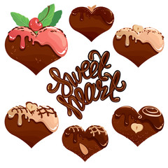 Set of Chocolate hearts in white and dark chocolate and strawber