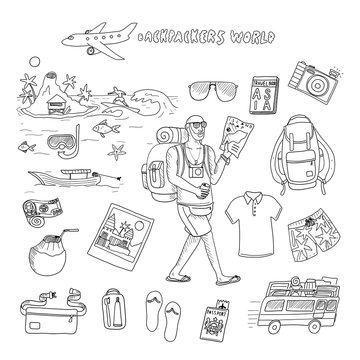 Backpackers world. Travel. Doodle set in vector isolated on a white background.
