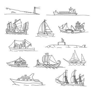 Set with boats of different ages. Doodles. Isolated  on a white background.