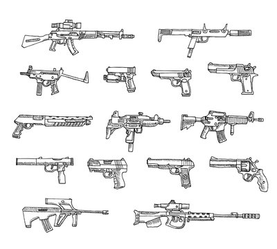 Set of weapons in vector isolated on a white background.