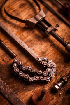 Tools on wooden plank