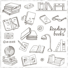 Hand drawn doodle Books Reading set.