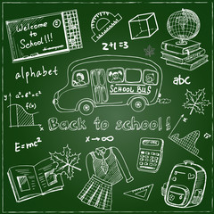 Set of school drawings on chalkboard. Sketches. Hand-drawing. Used for school education, document decoration and packages product.  Vector illustration.