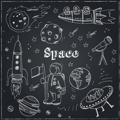 Astronomy hand drawn doodles. Stars, planet and space transportation  used for school education and document decoration. Vector illustration.