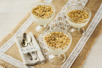 Banana cruble with nuts in rustic style