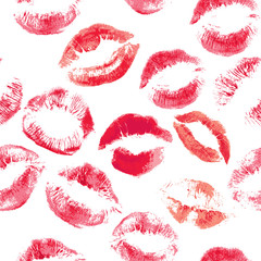 Seamless pattern with beautiful red colors lips prints on white