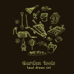 Garden tools doodle set. Various equipment and facilities for gardening and agriculture.