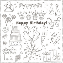Birthday party doodles elements background.  Vector illustration for invitations, design and packages product.