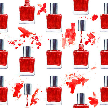 Seamless Watercolor Pattern With Red Nail Polish On White 