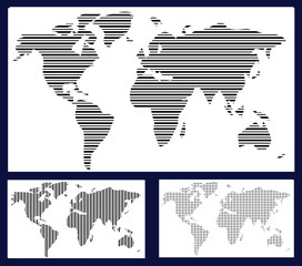 World map in stripes, bars - abstract background.  Black and white silhouette illustration