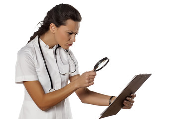 a young woman doctor reading her clipboard with a magnifying glass
