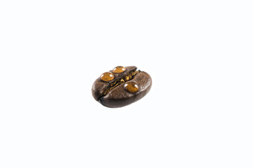 Coffee bean with water drops on white background