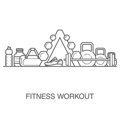 Fitness vector background with fitness equipment icons. Flat concept of gym banner or fitness advertisement made in outline.