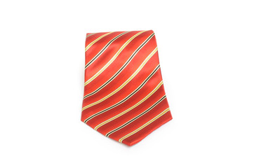 Red tie with golden stripes isolated on white background 