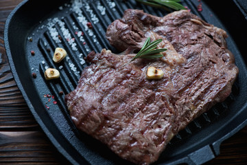 Close-up of grilled marbled rancho beefsteak, selective focus