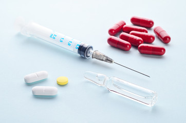 Pills, capsules, syringe and injections