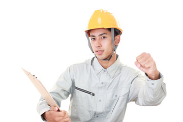 ガッツポーズの労働者