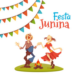  Girl and boy dancing at Brazil june party. Vector illustration.