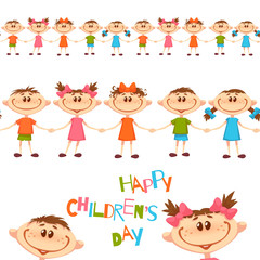 Seamless pattern with cute childrens. Happy Childrens Day title. Vector illustration.