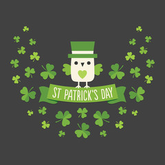 Happy St Patrick's Day greeting card, menu or poster template with copy space. Cute leprechaun owl sitting on ribbon banner with typographic greeting and shamrocks.
