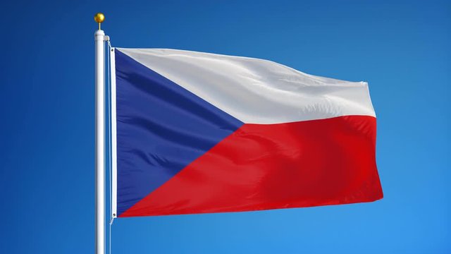 Czech flag waving in slow motion against clean blue sky, seamlessly looped, close up, isolated on alpha channel with black and white luminance matte, perfect for film, news, digital composition