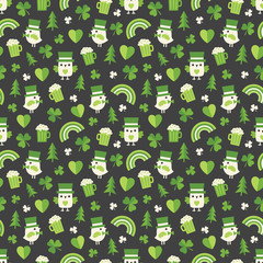 Seamless background pattern for St Patrick's Day with cute Irish icons in green and black. St Patrick's Day, giftwrap, wallpaper, textiles. - 107125385
