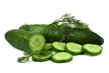 Cucumber and slices isolated over white background.