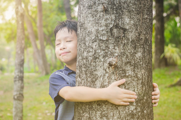 Young Asian boy hugging tree in forest