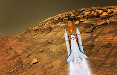 Mars planet martian mission shuttle rocket spaceship journey launch. Elements of this image furnished by NASA. © nikonomad