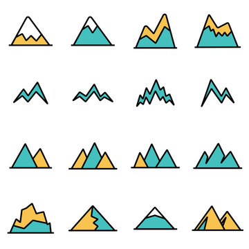 Trendy flat line icon pack for designers and developers. Vector line mountains icon set, mountains icon object, mountains icon picture, mountains image - stock vector