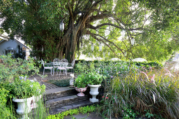 White wrought iron chair and table in garden in the morning