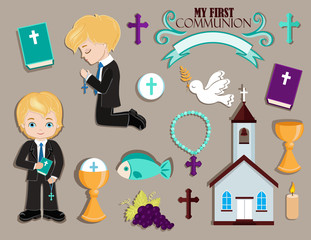 Set of design elements for First Communion for girls.