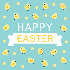 Easter greeting card, menu or invitation with cute little chickens and typographic message in ribbon banner. Aqua blue and yellow, text reads Happy Easter. For cards, tags, social media banners.