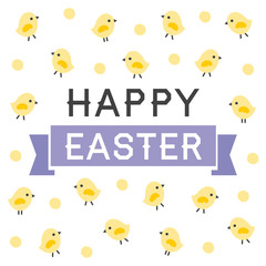 Easter greeting card, menu or invitation with cute little chickens and typographic message in ribbon banner. Yellow and white, text reads Happy Easter. For cards, tags, social media banners.