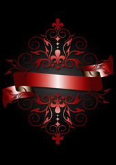 Card with shiny red ribbon,red pattern,scrolling and heraldry on black background