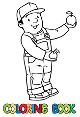 Funy farmer or gardener with apples. Coloring book