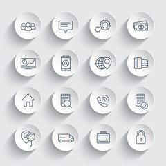 business, finance, commerce, enterprise line icons on round 3d shapes, business pictograms, vector illustration