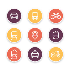 City and public transport icons, public transportation vector icons, bus, subway, taxi, public transport pictograms, round thick line icons, vector illustration