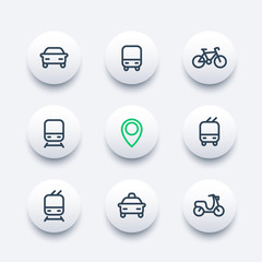 City and public transport round modern icons, public transportation vector icons, bus, subway, taxi, public transport pictograms, thick line icons set, vector illustration