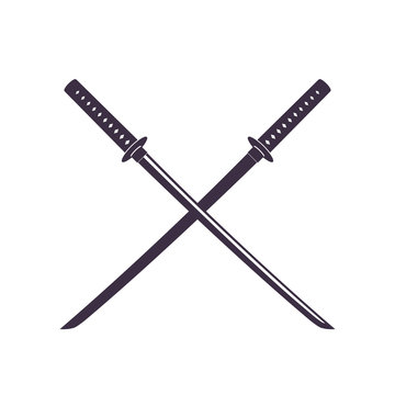 crossed japanese swords, katana, isolated on white, vector illustration