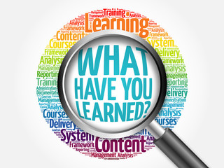What Have You Learned? word cloud with magnifying glass, business concept