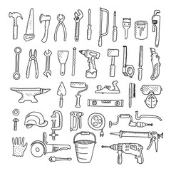 Construction tool collection - vector silhouette. Doodles. Isolated.