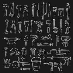 Construction tool collection - vector silhouette. Doodles. Isolated.