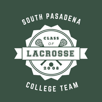 Lacrosse team vintage badge, emblem, lacrosse t-shirt design white on green, vector illustration